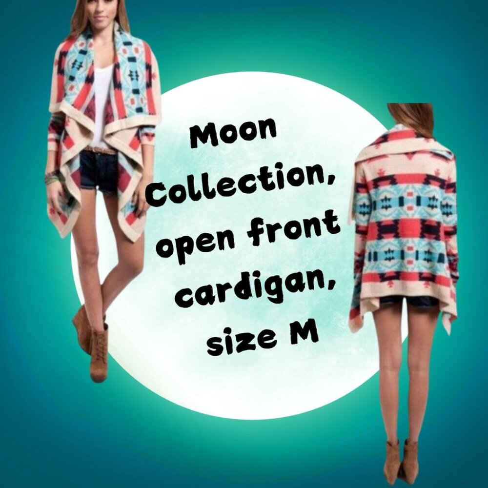 Aztec motif open front cardigan sweater, size M